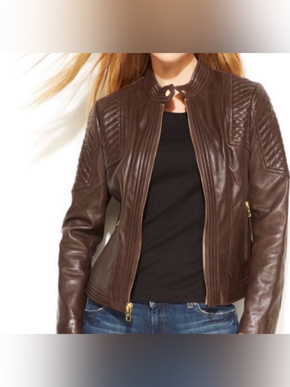 Michael Kors Dark Brown Quilted 100%Leather Moto Jacket